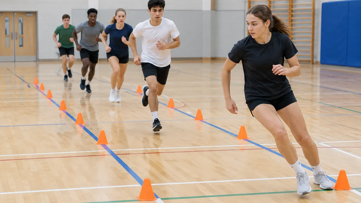 Beep test na hali: grupa biegnie odcinki 20 metrów między pachołkami