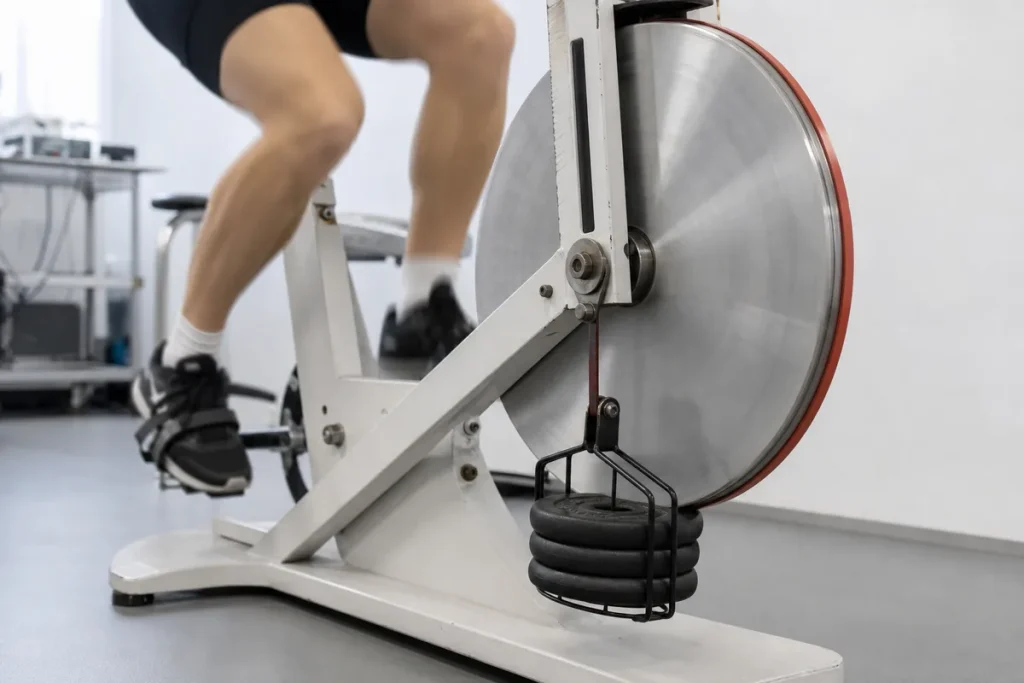Ergometr rowerowy z kołem zamachowym i koszem na obciążenie, na którym wykonuje się test Wingate