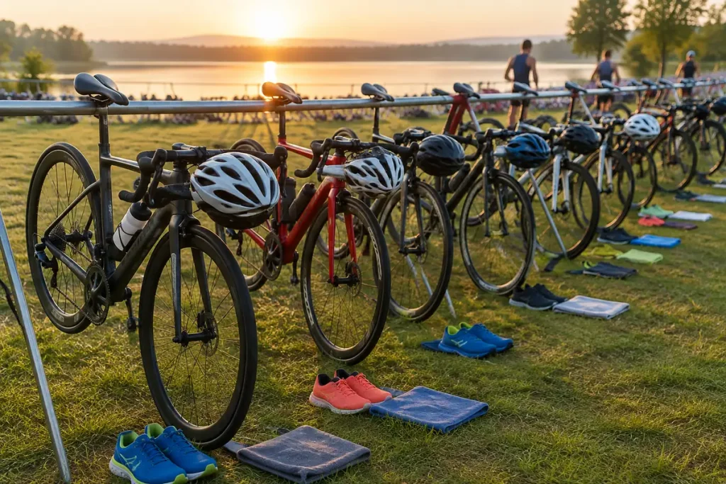 Rowery z kaskami na stojaku w strefie zmian triathlonu nad jeziorem o świcie