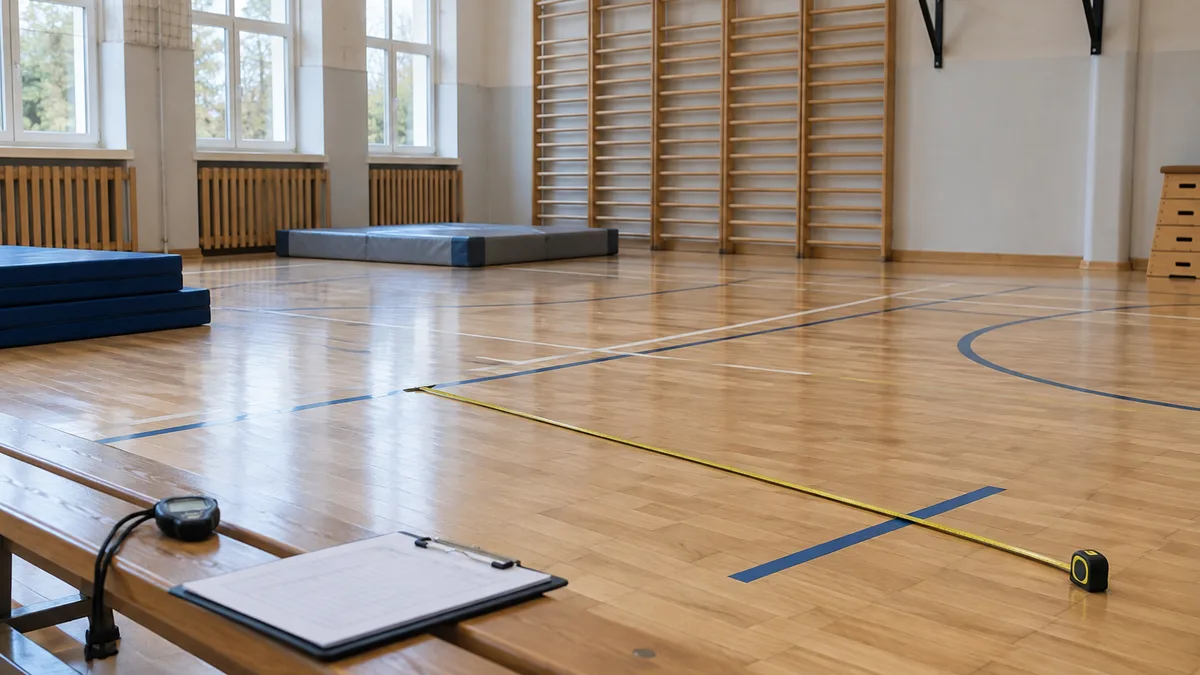 Sala gimnastyczna z taśmą mierniczą, stoperem i drabinkami przygotowana do testu Zuchory